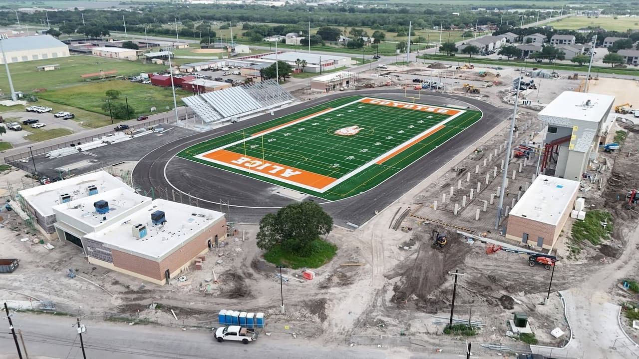 Aerial view of Alice High School and the stadium on North Stadium Road